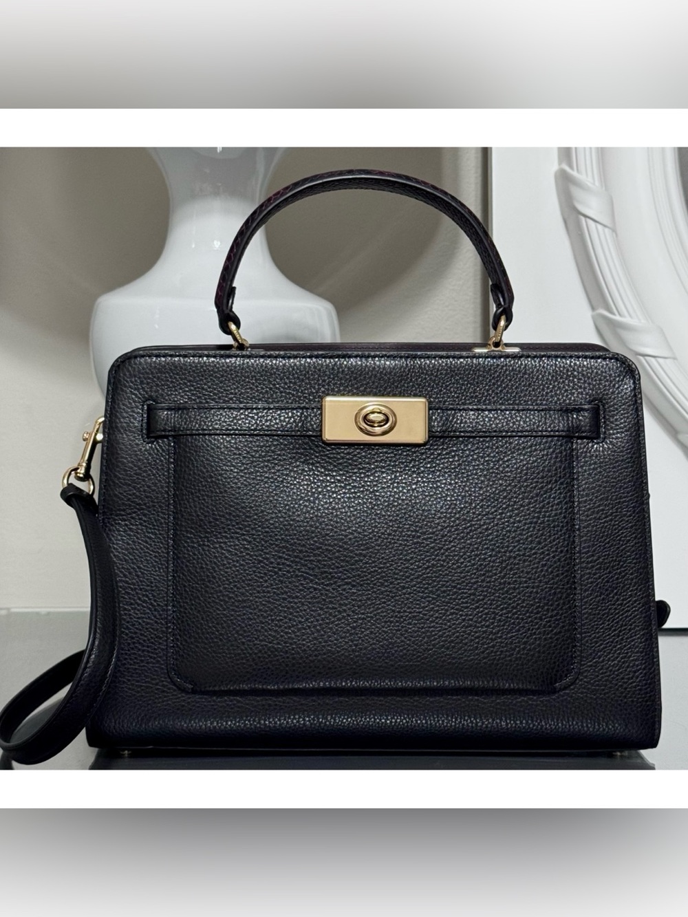 COACH Lane Caryall Pebbled Leather Crossbody Satchel Bag, BLACK/ BROWN